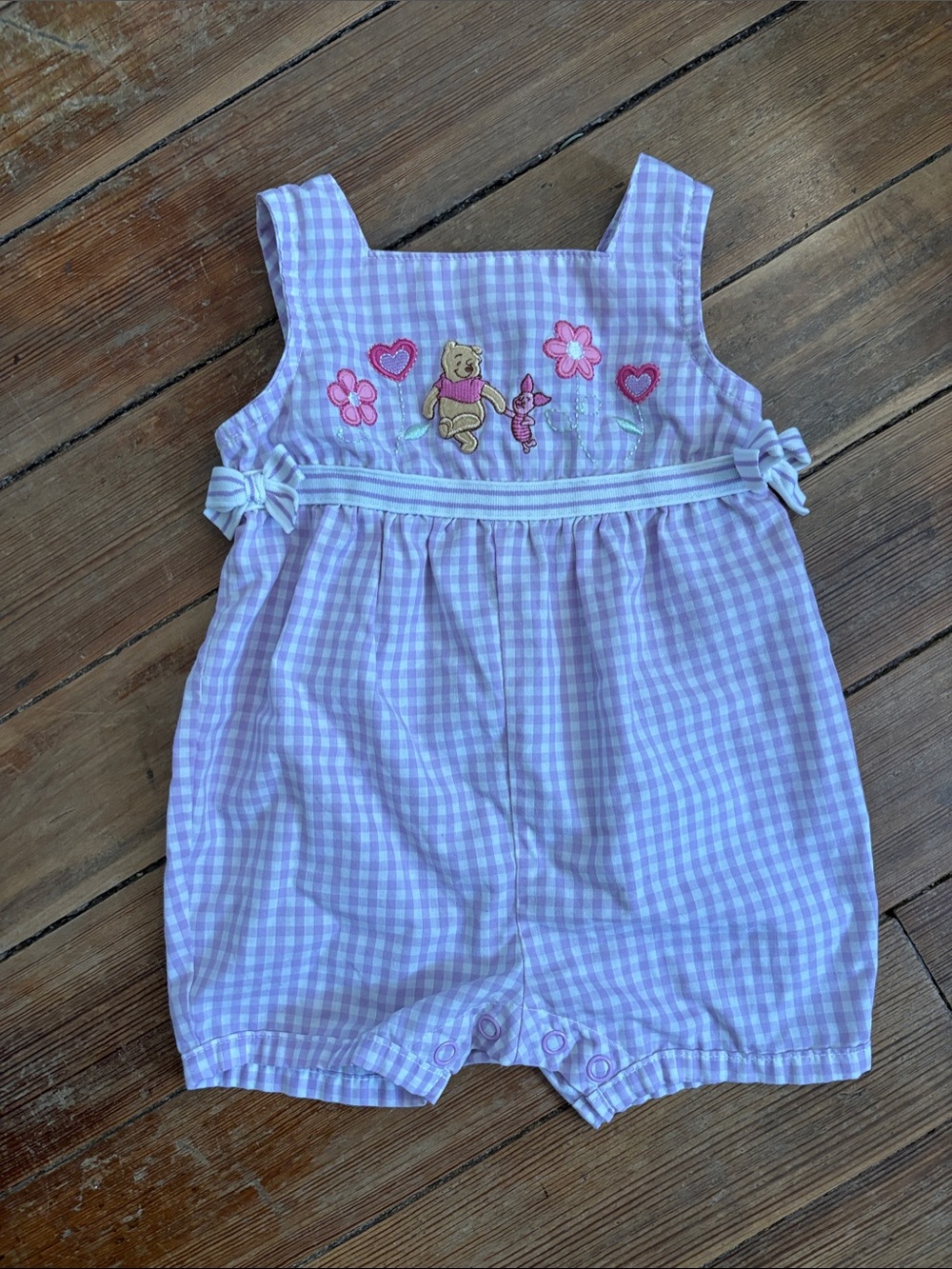 Vintage Lilac Gingham Winnie the Pooh Embroidered Baby Romper